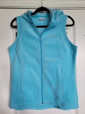 Columbia Fleece Zip Hooded Vest Aqua Blue, Soft And Comfy